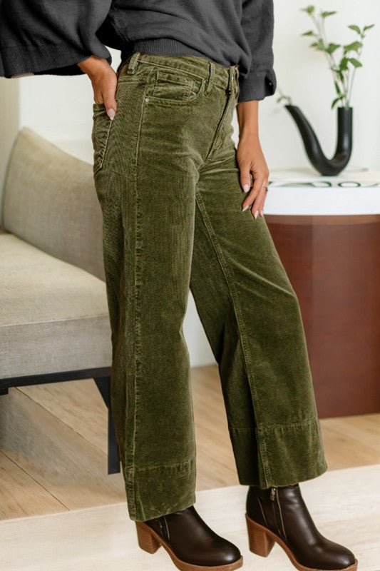 Green Corduroy Wide Leg Pants - 2