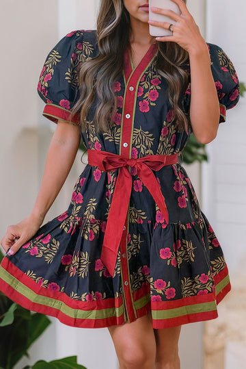 Black & Floral Self Tie Splice Mini Dress