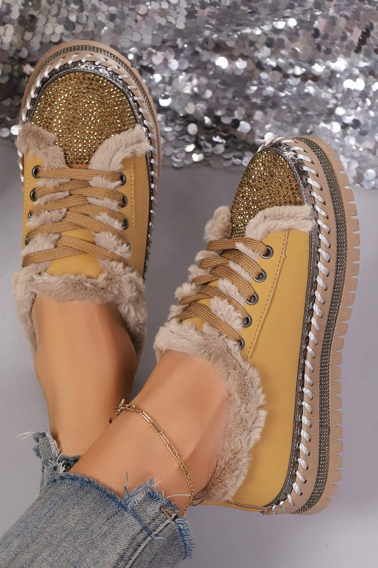 Rhinestone Embellished Faux Fur Lace Up Shoes