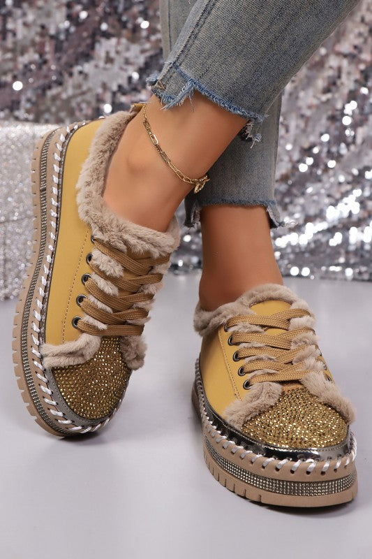 Rhinestone Embellished Faux Fur Lace Up Shoes