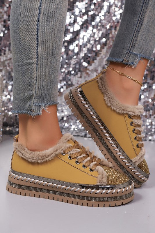 Rhinestone Embellished Faux Fur Lace Up Shoes