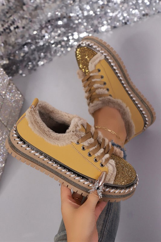 Rhinestone Embellished Faux Fur Lace Up Shoes