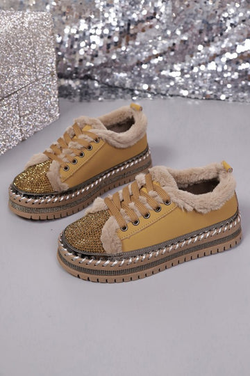 Rhinestone Embellished Faux Fur Lace Up Shoes