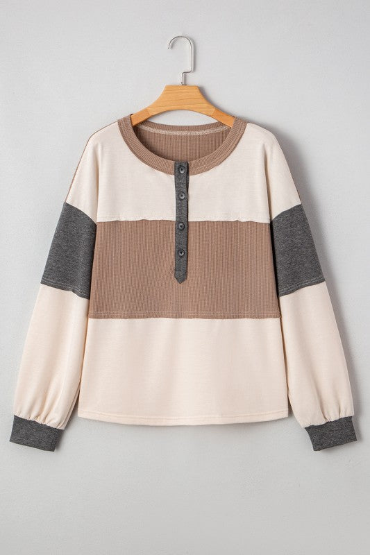 Color Block Stripe Waffle Knit Henley