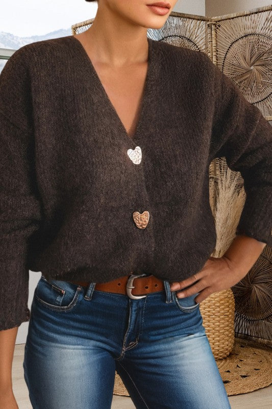 Metal Heart Button Cardigan Sweater