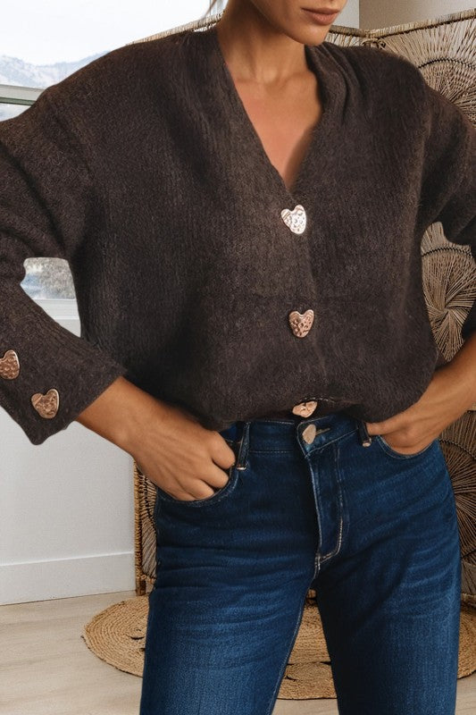 Metal Heart Button Cardigan Sweater