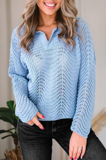 Blue Wavy Hallowed Out Collar Sweater
