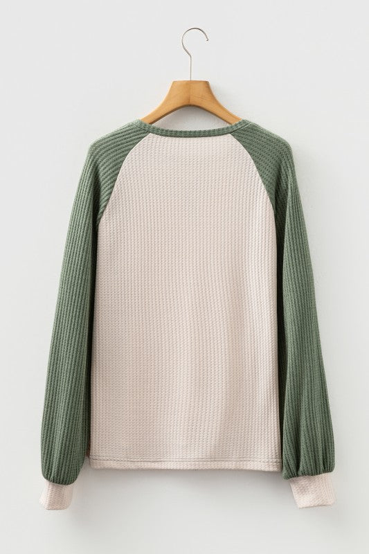Green Sleeve Waffle Knit Top