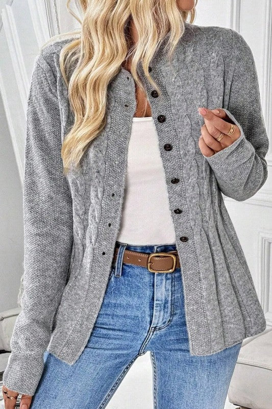 Ribbed Cable Knit Gray Cardigan