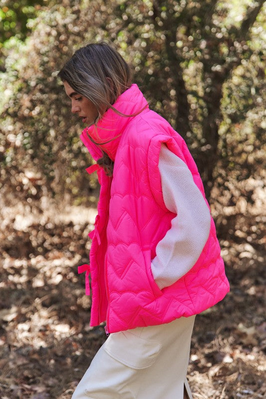 Hot Pink Quilted Bow Zipper Puffer