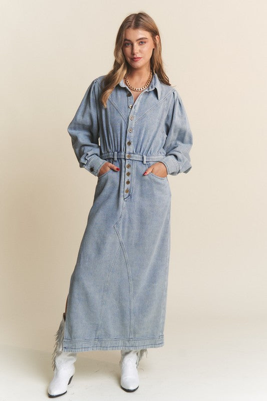 Collared Denim Blue Button Dress