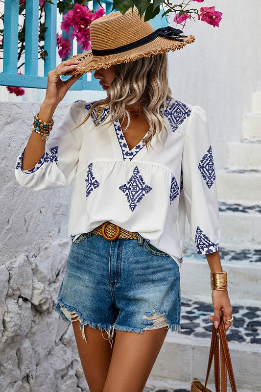 V Neck Blue Print Boho Top