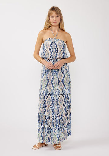 Blue Diamond Snake Print Halter Tie Dress