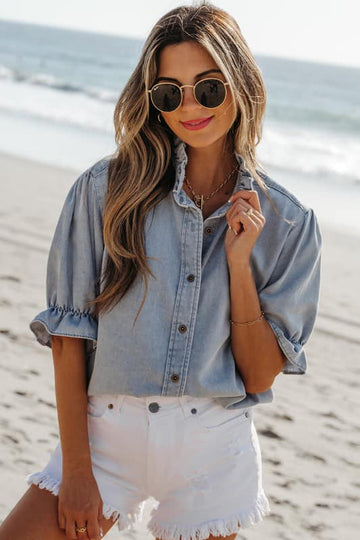 Blue Ruffle Chambray Shirt