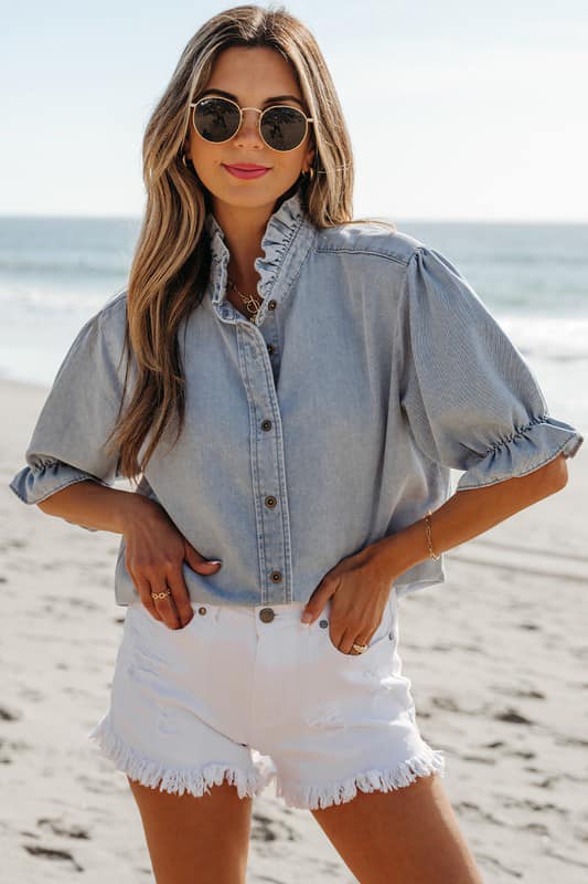 Blue Ruffle Chambray Shirt