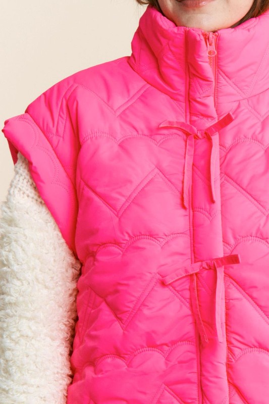 Hot Pink Quilted Bow Zipper Puffer