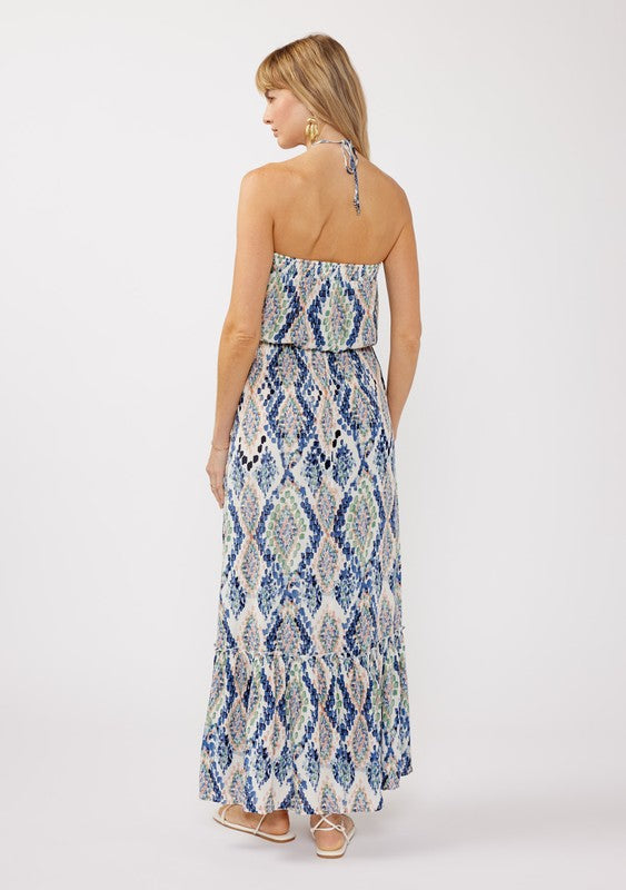 Blue Diamond Snake Print Halter Tie Dress