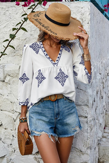 V Neck Blue Print Boho Top