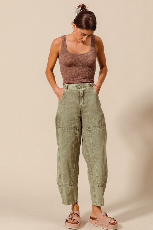 Mineral Wash Olive Barrel Pants