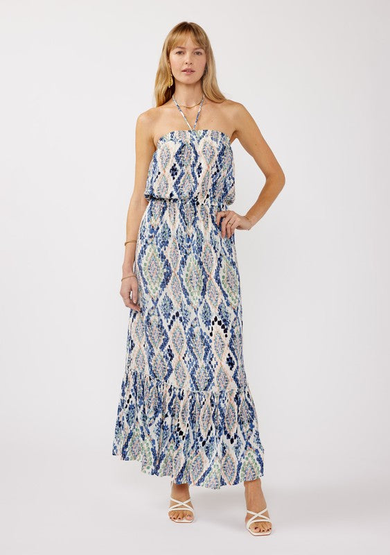 Blue Diamond Snake Print Halter Tie Dress