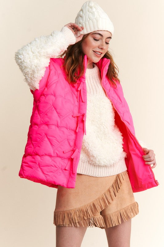 Hot Pink Quilted Bow Zipper Puffer