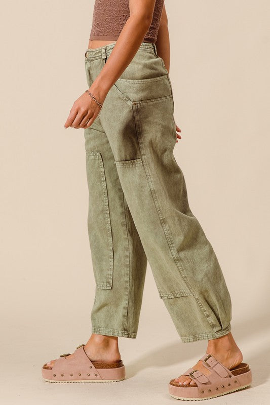 Mineral Wash Olive Barrel Pants