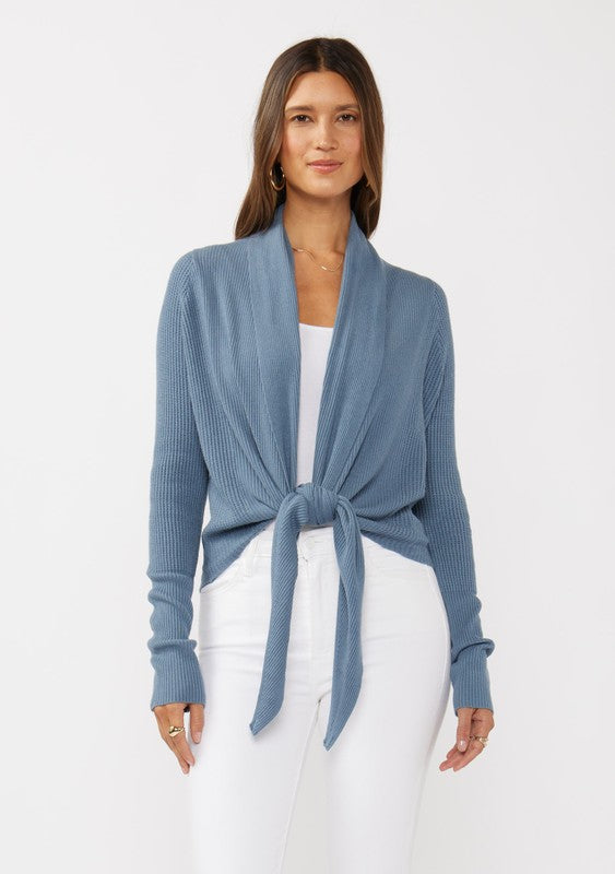 Ocean Heather Waffle Knit Tie Front Cardigan