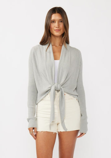 Heather Gray Waffle Knit Tie Front Cardigan