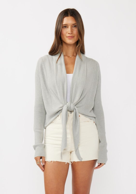 Heather Gray Waffle Knit Tie Front Cardigan