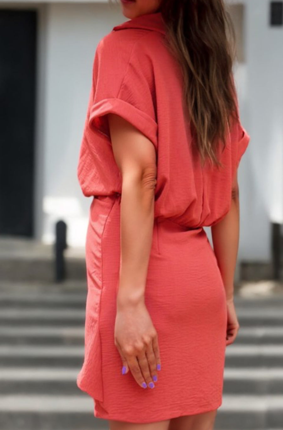 Coral Red Crinkle Wrap Dress