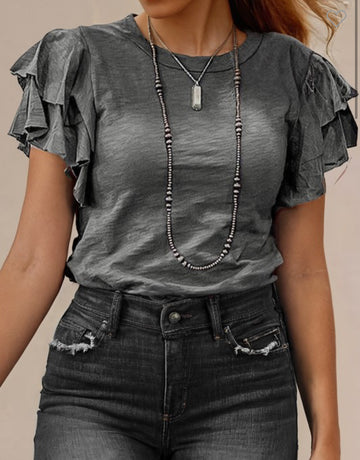 Gray Knit Ruffle Tee