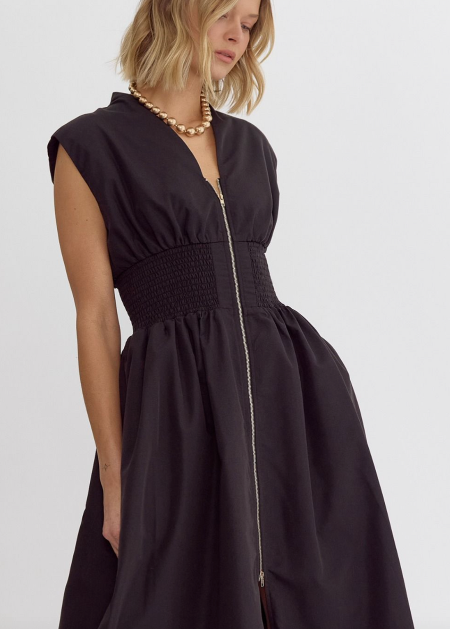 Black Dual Zipper Smock Dress