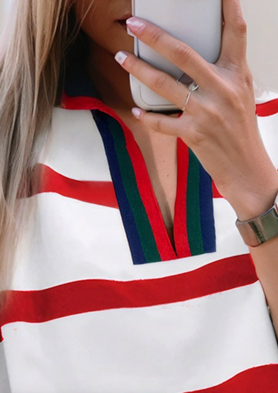 Bold Red & Colorful Stripe V Neck Pullover
