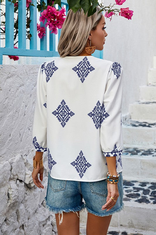 V Neck Blue Print Boho Top