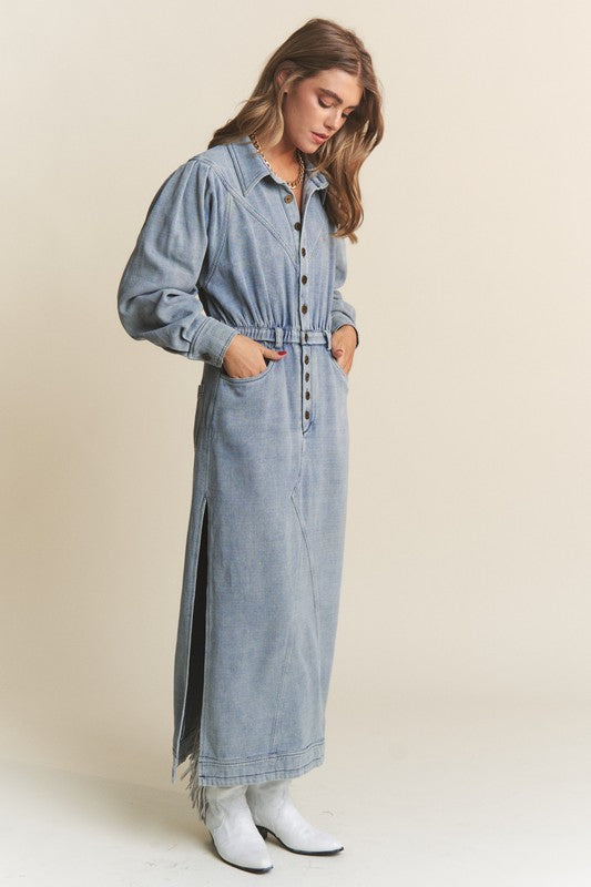 Collared Denim Blue Button Dress