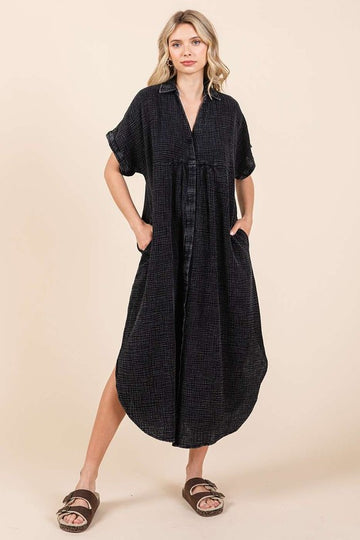 Mineral Wash Cotton Black Midi Dress