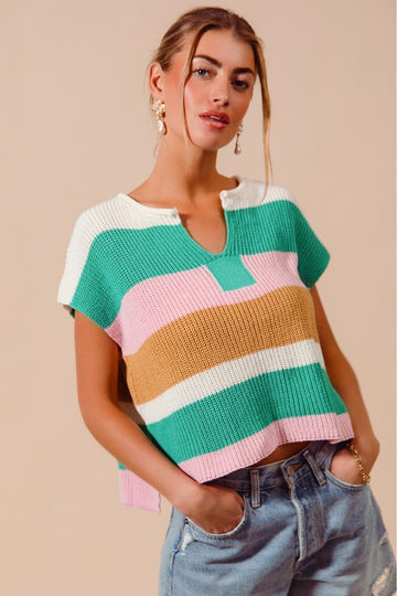 Color Block Notch V Sweater