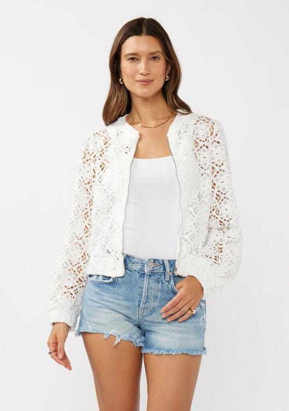 White Crochet Lace Bomber Jacket