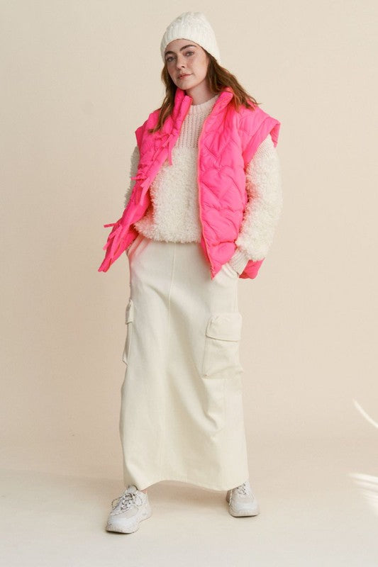 Hot Pink Quilted Bow Zipper Puffer