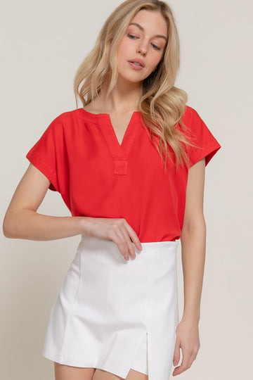 Red Tencel Notched Neck Top