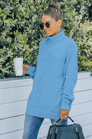 Pattern and Knit A lovely blue and relaxed fit turtleneck relaxed fit long sleeve knit sweater.  Knit blend. Casual and everyday wearable. Model is 5'9