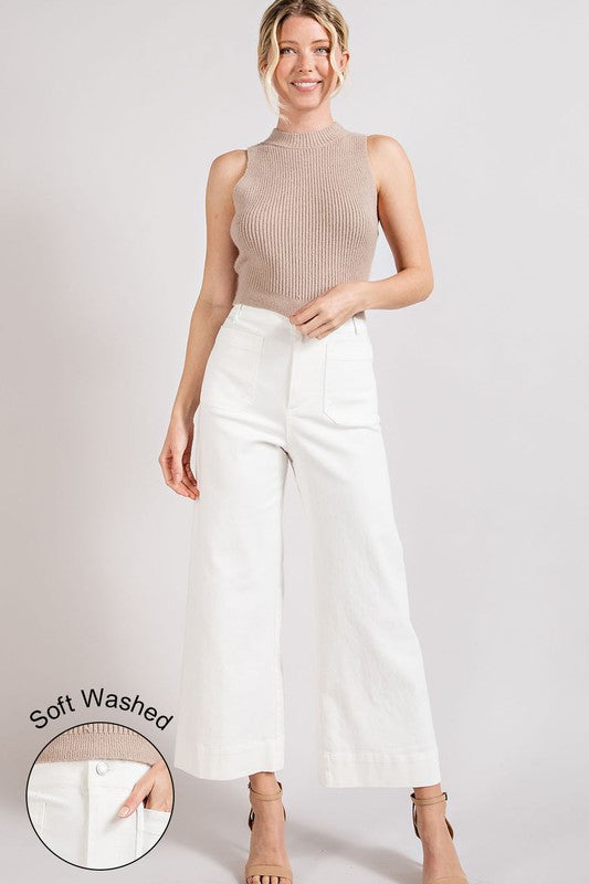 Year Round Chic A soft washed button closure wide leg pant that pairs great with sweaters, tanks, tops and more! Versatile. Cotton. Model is 5'8